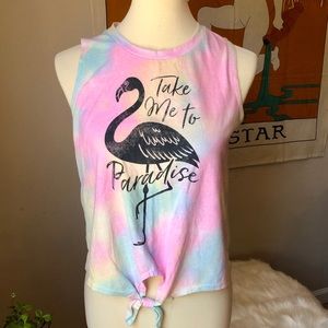 Take Me To Paradise tie front sleeveless tee shirt